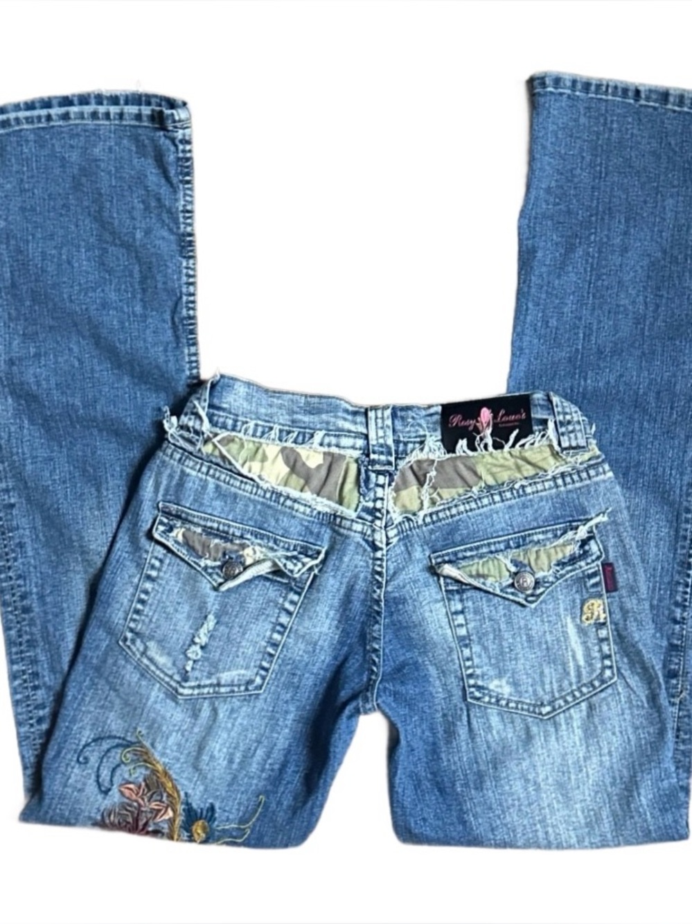 Rosy Love’s ~ Bootcut 9/10 ~ Blue Denim W/Floral Embroidery & Camouflage Jeans